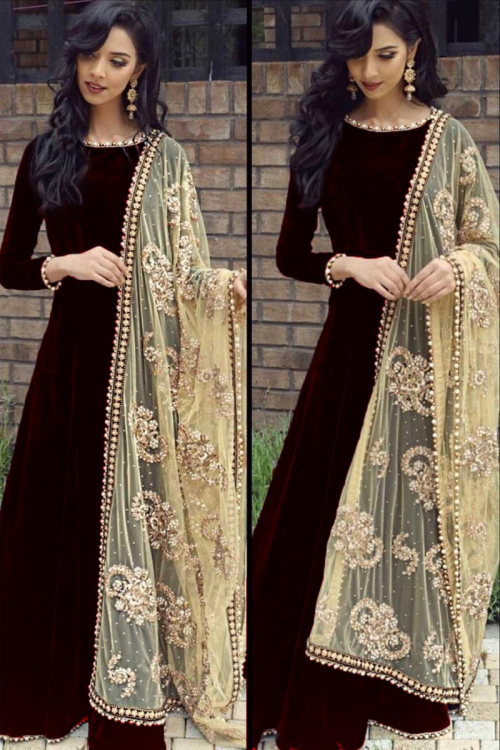 Maroon Velvet Wedding Anarkali Suit With Zari Work