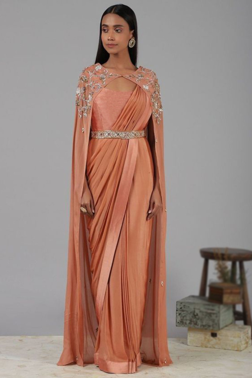 Salmon Orange Crepe Silk And Georgette Fancy Saree 