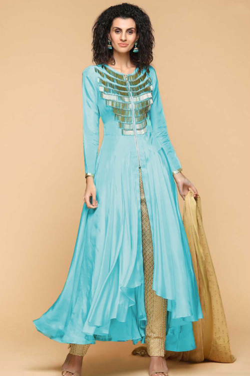 Light Blue Silk Embroidered Wedding Anarkali Suit