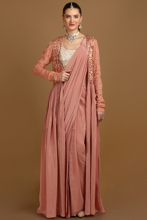 Embroidered Satin Dusty Peach Saree for Wedding & Party