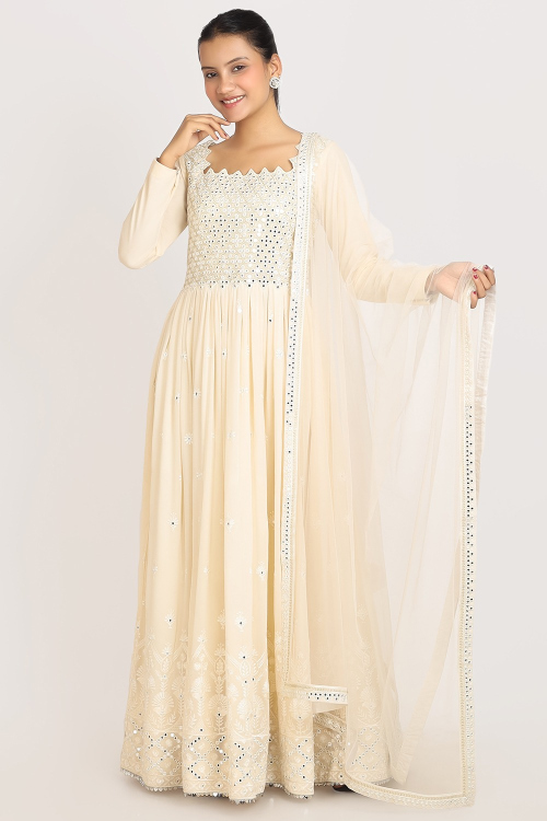Light Beige Georgette Anarkali with Scallop Neck & Embroidery