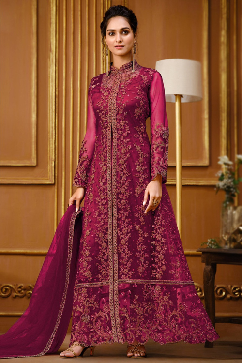 Wine Maroon Net Embroidered Pakistani Anarkali Suit for Wedding & Party