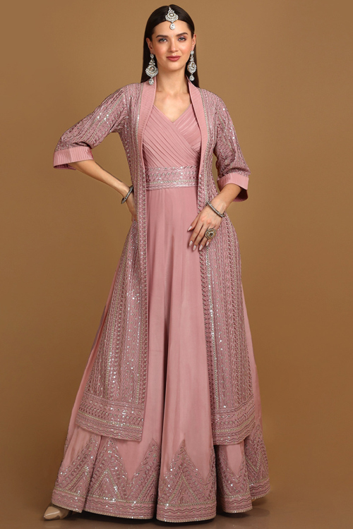 Light Pink Silk Embroidered Jacket Style Anarkali Suit for Wedding & Party