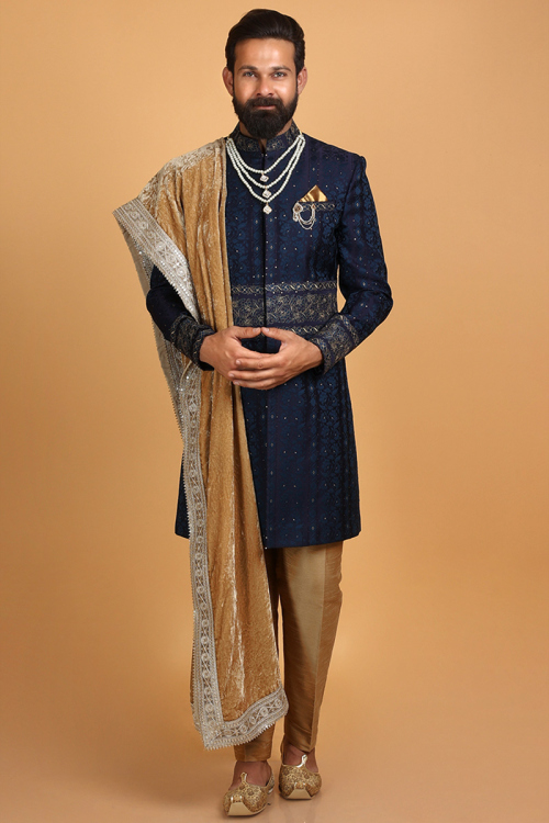 Sequins Embroidered Jacquard Navy Blue Men Sherwani With Dupatta