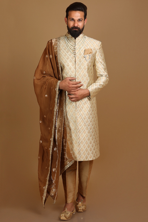 Light Beige Jacquard Men Sherwani With Dupatta