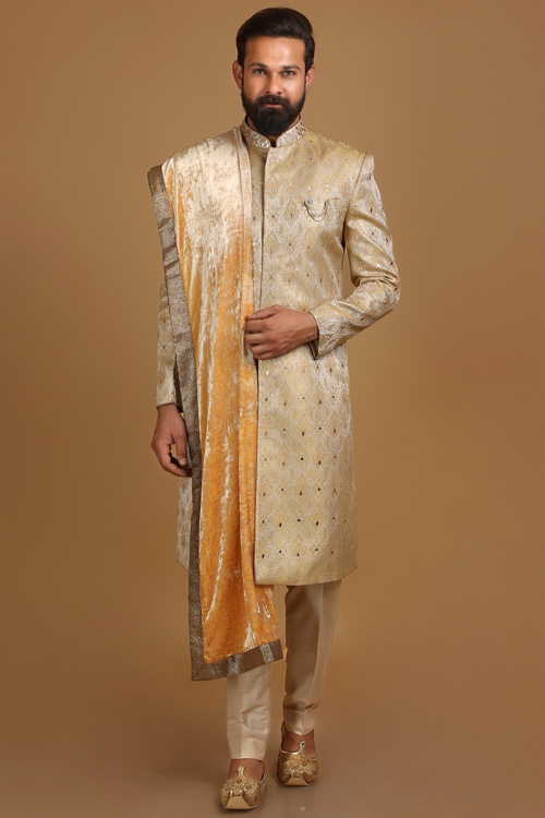 Beige Brocade Men Sherwani With Velvet Dupatta