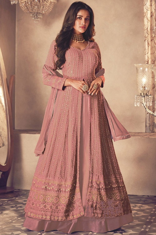 Dusty Mauve Georgette Embroidered Front Slit Lehenga 