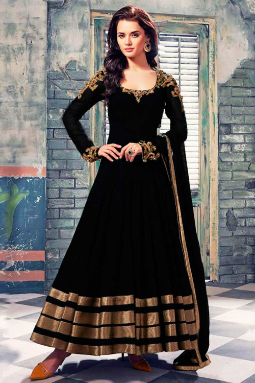 Black Georgette Anarkali Suit with Golden Zari Work