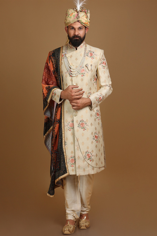 Brocade Beige Men Sherwani With Velvet Dupatta