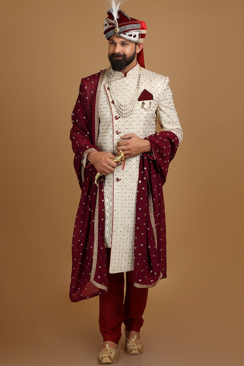 Asymmetric Men Sherwani in Jacquard Beige for Wedding 