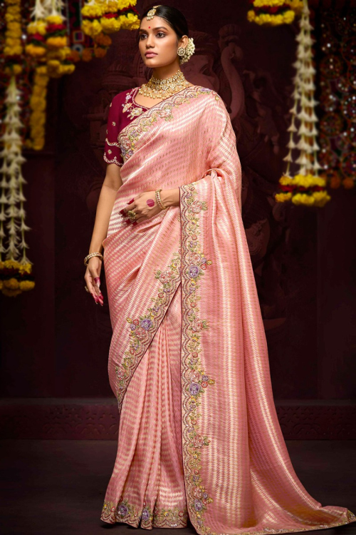 Silk Pastel Pink Zari Embroidered Handloom Saree 