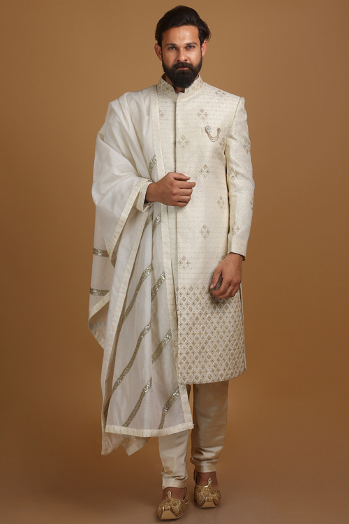 Ivory Brocade Men Sherwani With Dupatta