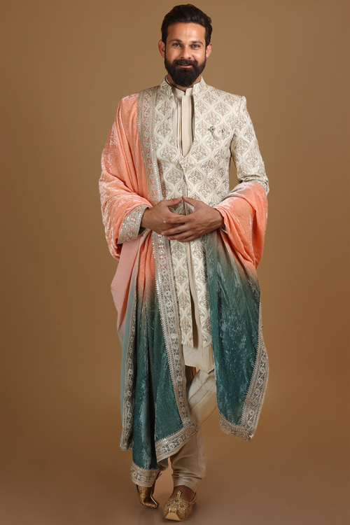 Light Beige Modal Satin Embroidered Men Sherwani Dual Tone Velvet Dupatta