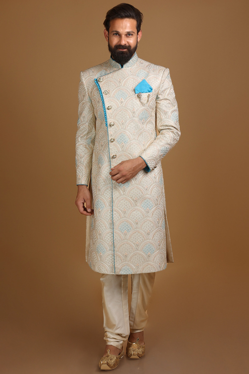 Zari Embroidered Jacquard Light Beige Men Sherwani