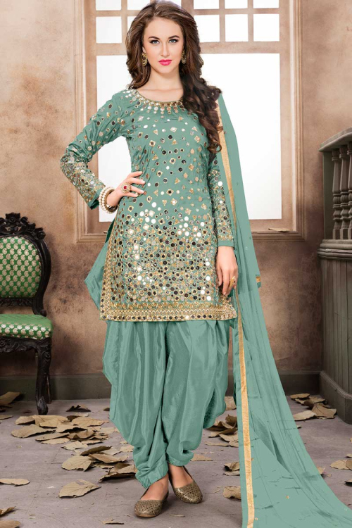 Resham Embroidered Taffeta Taffeta Sapphire Blue Patiala Suits