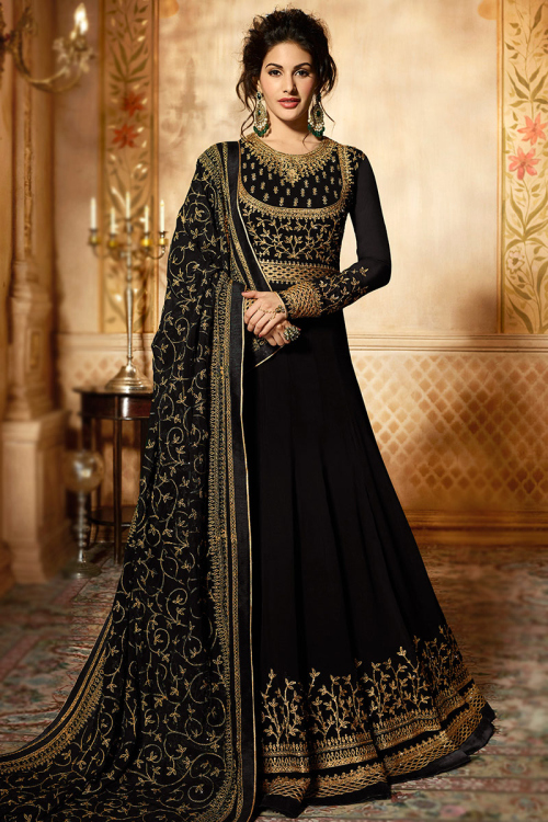 Resham Embroidered Georgette Black Wedding Anarkali Suit