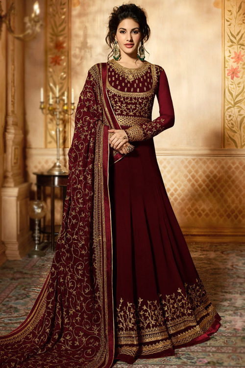 Resham Embroidered Georgette Burgundy Maroon Wedding Anarkali Suit