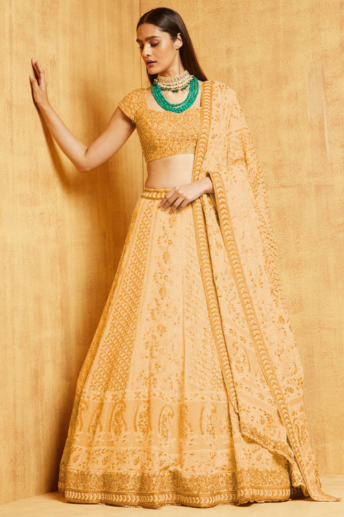 Wedding Wear Resham Embroidered Lehenga in Silk Gold