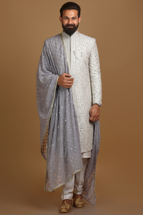 Embroidered Modal Satin Off White Men Sherwani With Dupatta for Wedding & Party