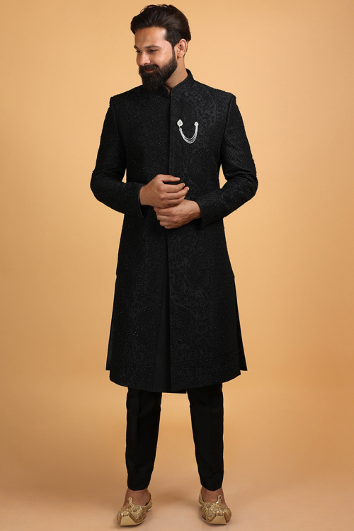Art Silk Black Wedding Party Wear Men's Sherwani with Sequins Embroidery