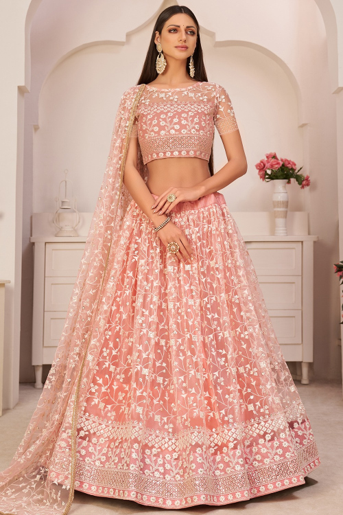 Thread Embroidered Net Light Pink Lehenga for Wedding & Party