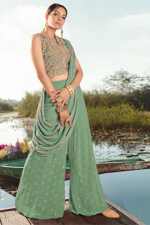 Seafoam Green Net Embroidered Palazzo Suit for Wedding & Party