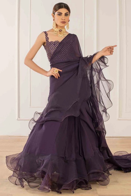 Plum Purple Chiffon Saree with Resham Work for Cocktail