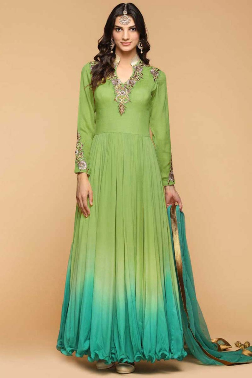 Resham Embroidered Silk Green Anarkali Suit