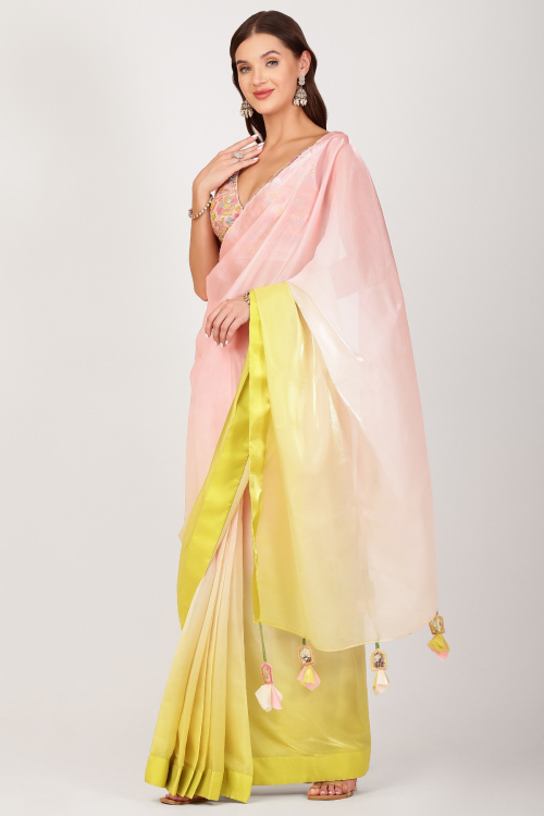Noor-E-Roshni: Pastel Ombré Saree in Silk organza blending from soft pink to lemony yellow