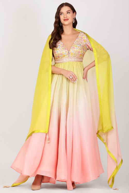 Noor-e-Bahar Organza Designer Anarkali Set from citrus yellow to blush pink ombre