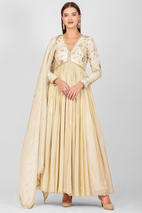Noor-e-Rooh Beige Anarkali Elegance in Silk tissue 