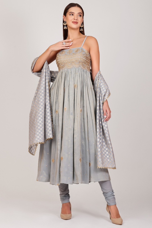 Dusty Blue Zari Embroidered Strappy Designer Anarkali Set with Banarasi Dupatta