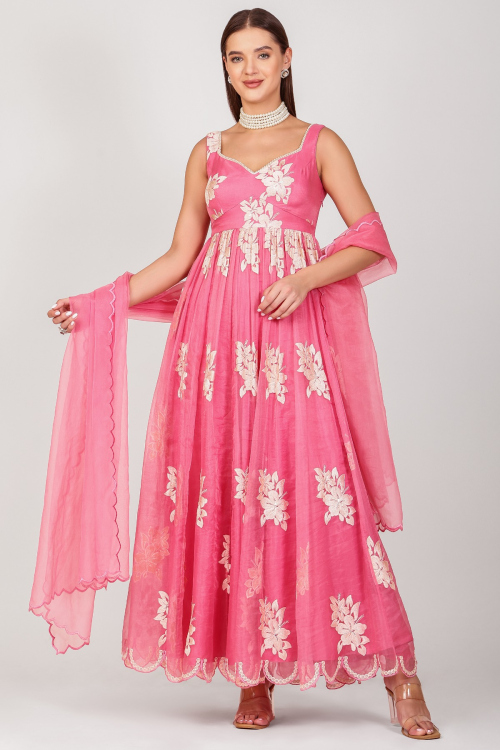 Noor-e-Gulabi Pink Embroidered Silk Organza Designer Anarkali Set