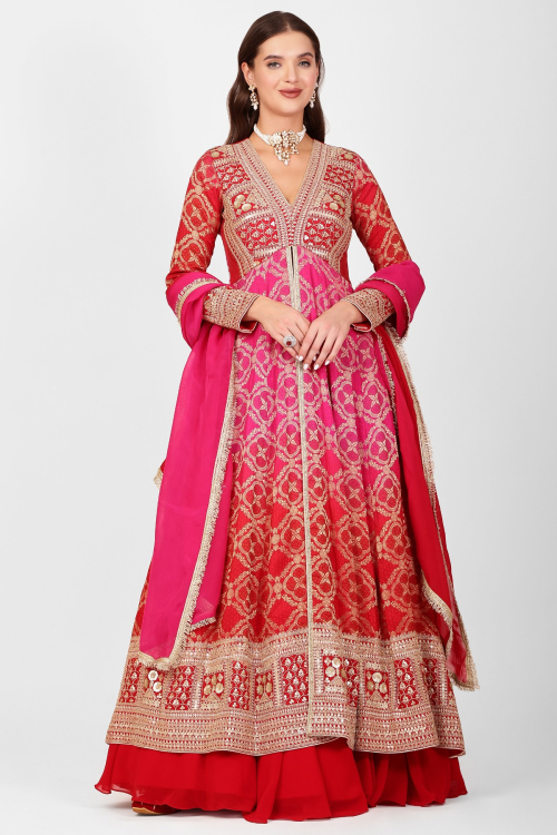 Cherry Red Silk Lehenga With Embroidered Long Choli 