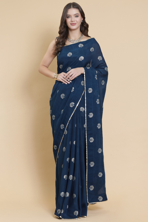 Prussian Blue Georgette Saree With Woven Zari Work For Festival