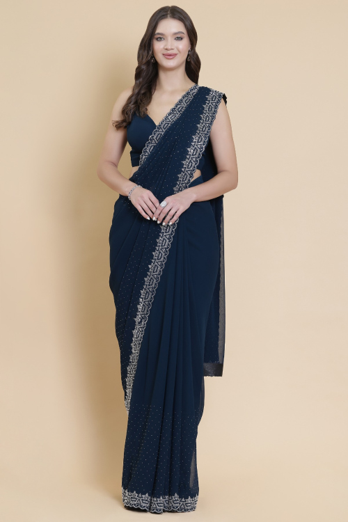 Prussian Blue Georgette Saree With Stone Work For Festival 