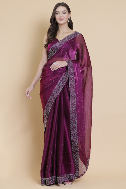 Plum Purple Shimmer Organza With Stone Work For Festival