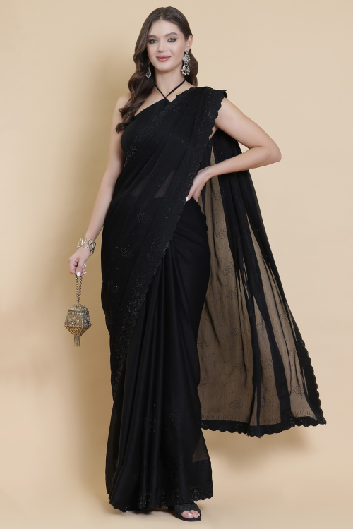 Black Chiffon Saree With Stone Work For Festival 
