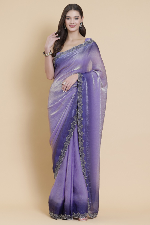 Light Purple Tissue Shimmer Saree With Printed Work For Festival