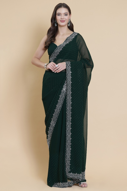 Forest Green Georgette Saree With Stone Work For Mehndi