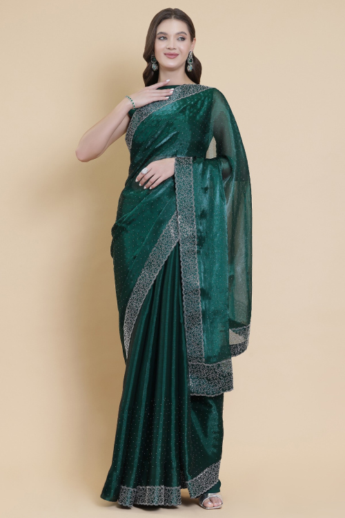 Teal Green Shimmer Organza With Stone Work For Festival