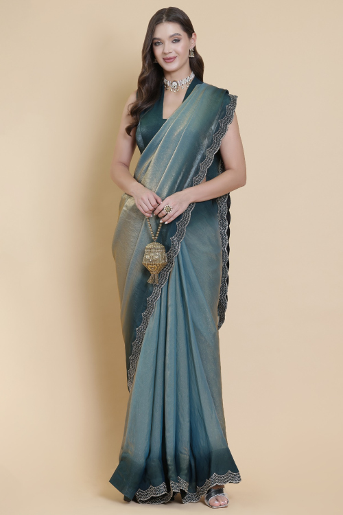 Teal Blue Tissue Shimmer Saree With Printed Work For Festival