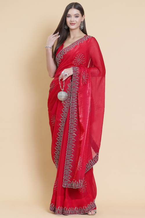 Ruby Red Shimmer Organza Embroidered Saree For Festival