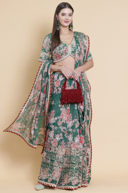 Forest Green Georgette Saree With Printed Work For Mehndi