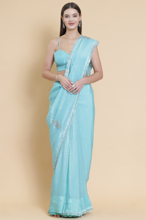 Mint Blue Tissue Saree With Cutdana Work For Festival