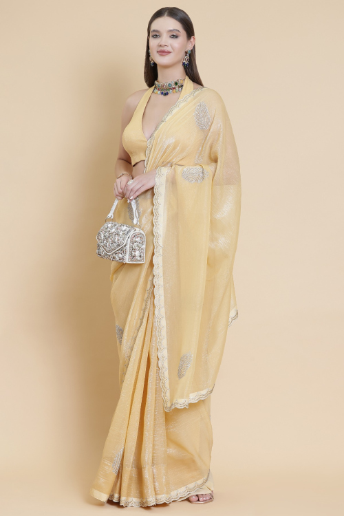 Light Yellow Tissue Saree With Cutdana Work For Haldi
