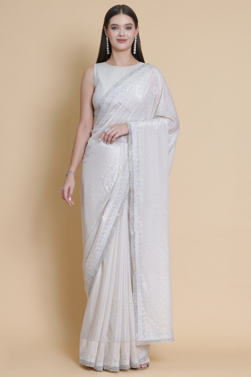 Light Beige Shimmer Georgette With Stone Work For Festival