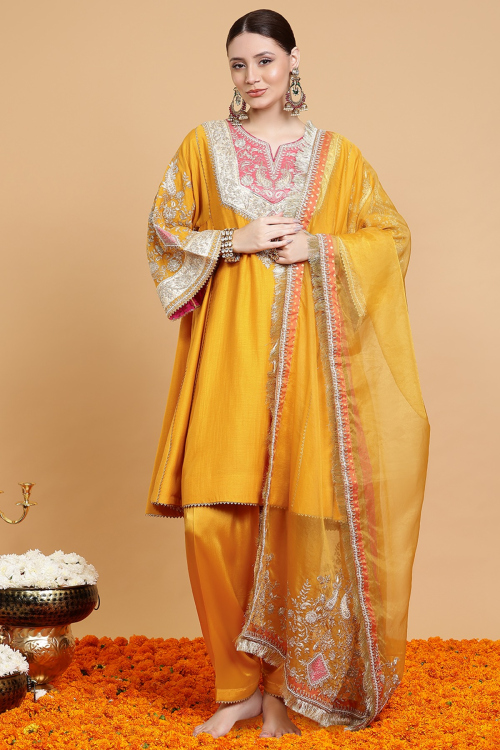 GUSTAKHIYAN – Sunshine Gold Embroidered Kalidar Choga Set