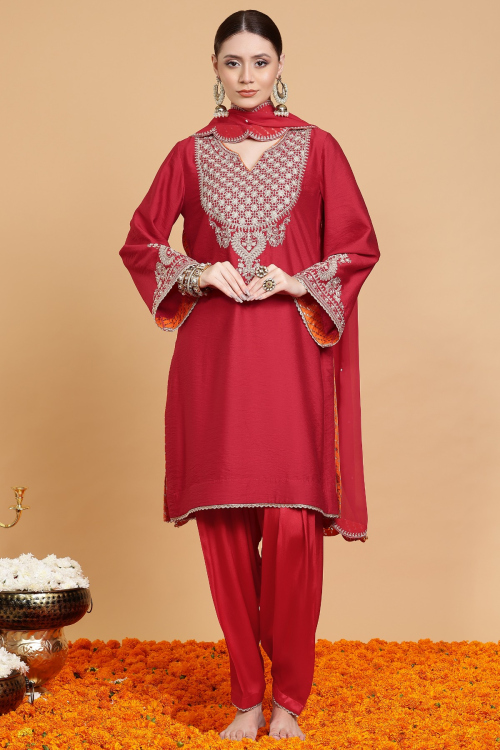 GUSTAKHIYAN – Cherry Red Aura Luxe Embroidered Kurta Set