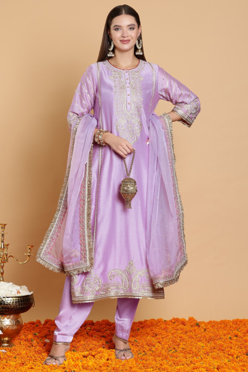 Light Purple Straight Cut Sangeet Trouser Suit in Chanderi Silk